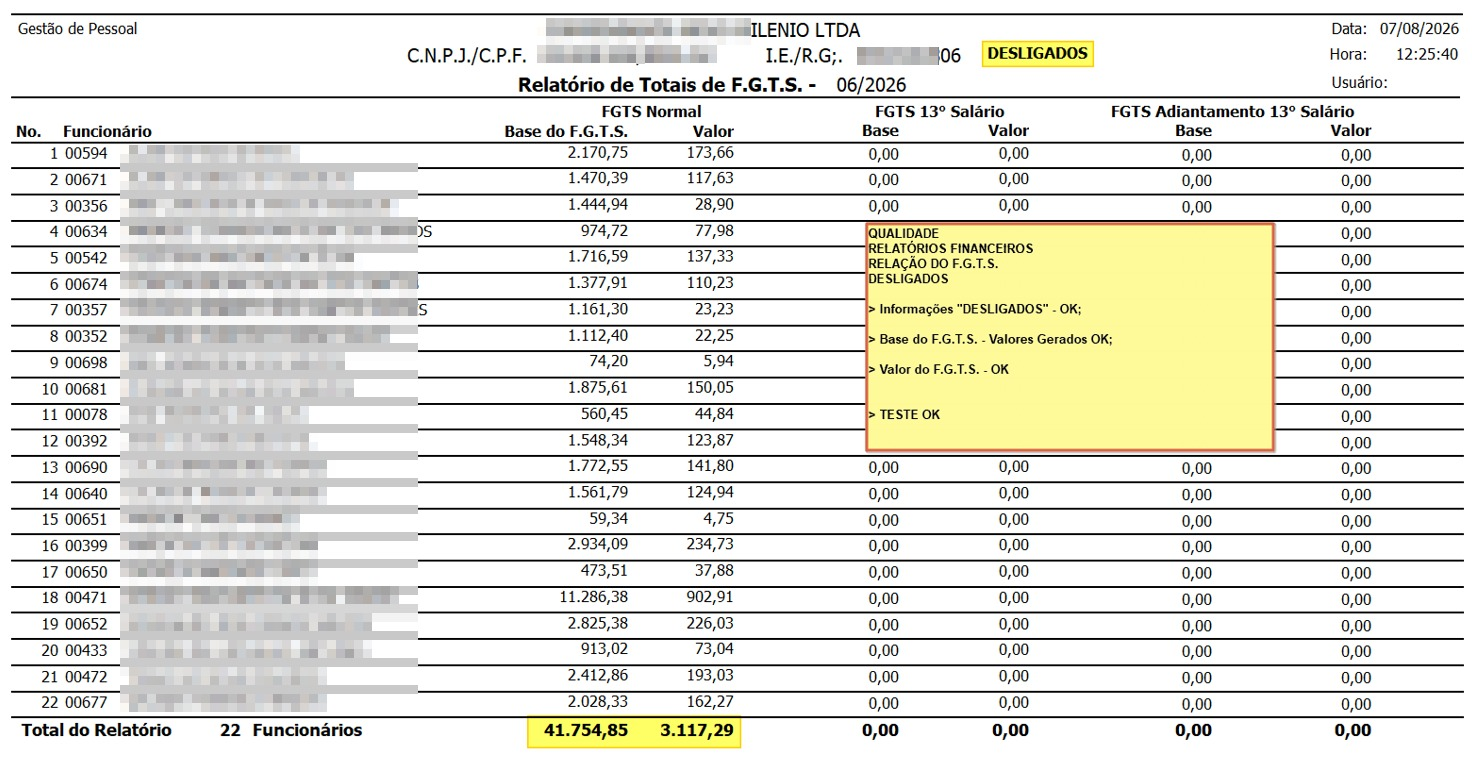 Visão compactada do Relatório de Totais do FGTS com consolidação de dados de funcionários, base de cálculo, valores de FGTS e totalizadores
