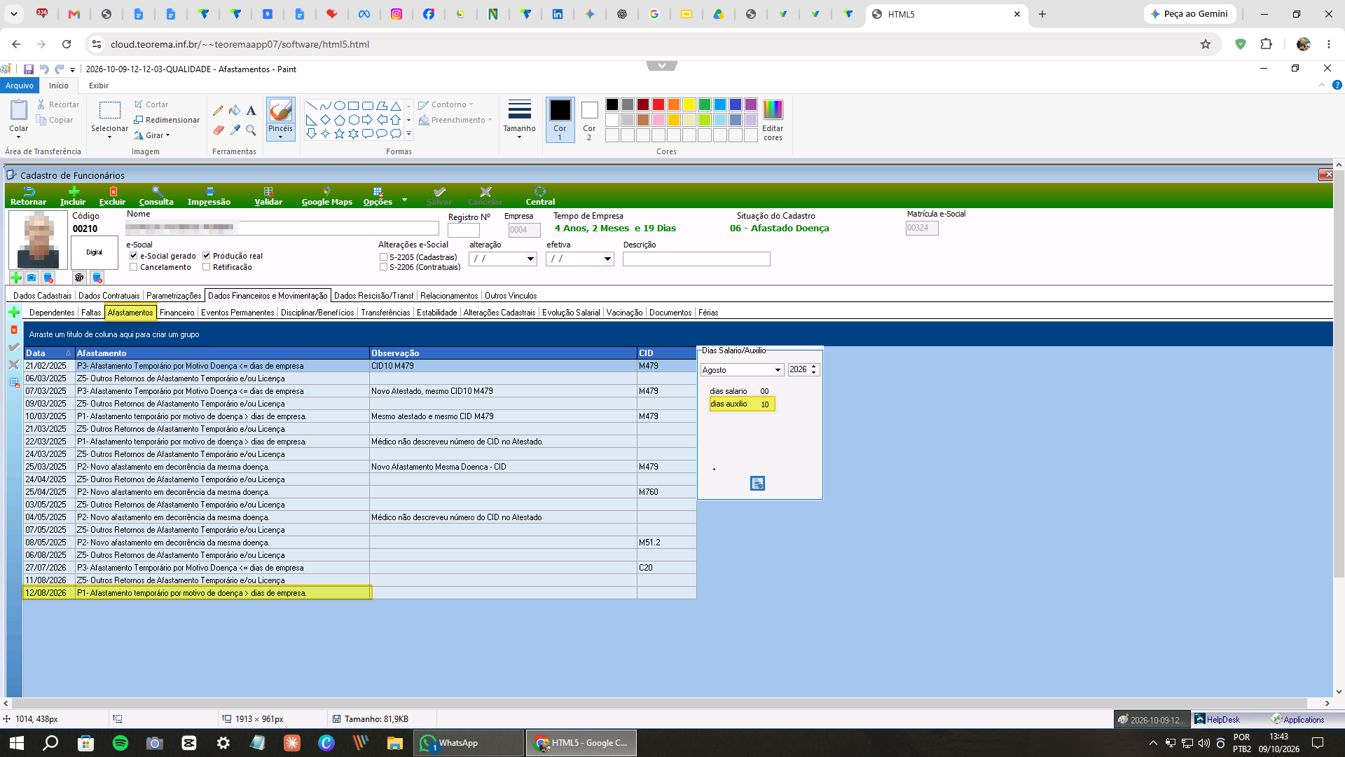 Tela de consulta e cadastro de afastamentos de funcionários, exibindo lista com data de início, data de fim, tipo e motivo do afastamento.
