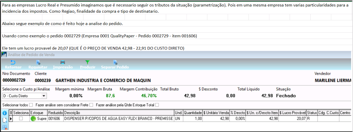 Tela de Análise de Pedido de Venda mostrando cálculos de margens e impostos
