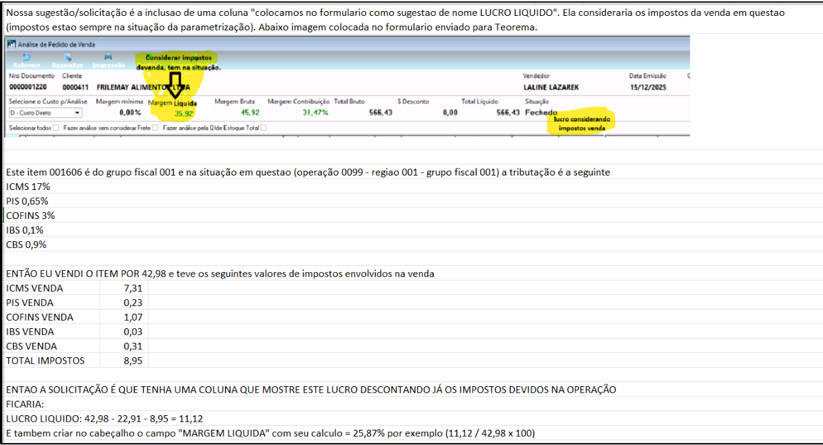 Fórmula de cálculo da Margem Líquida utilizando Alíquota Simples Nacional com destaques em amarelo