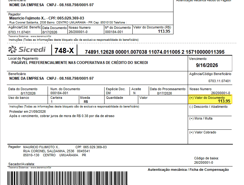 Boleto bancário exemplo mostrando valor final com desconto aplicado (R$ 113,95)