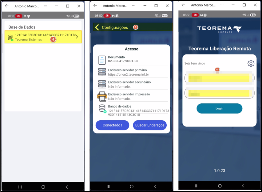 App Liberação Remota - telas de Configurações com Base de Dados e Login do usuário