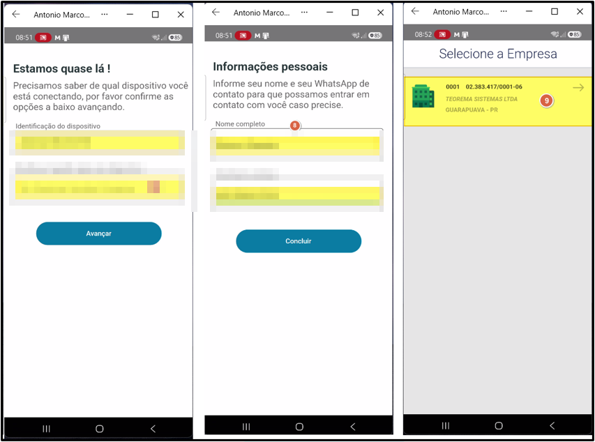 App Liberação Remota - telas Estamos quase lá!, Informações pessoais e Selecione a Empresa