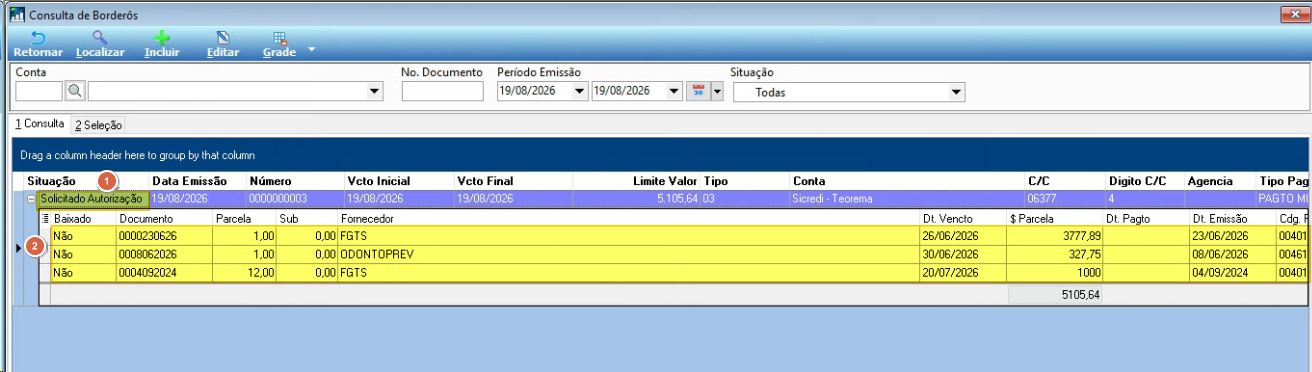 Tela Consulta de Borderôs exibindo lista com status dos borderôs solicitados