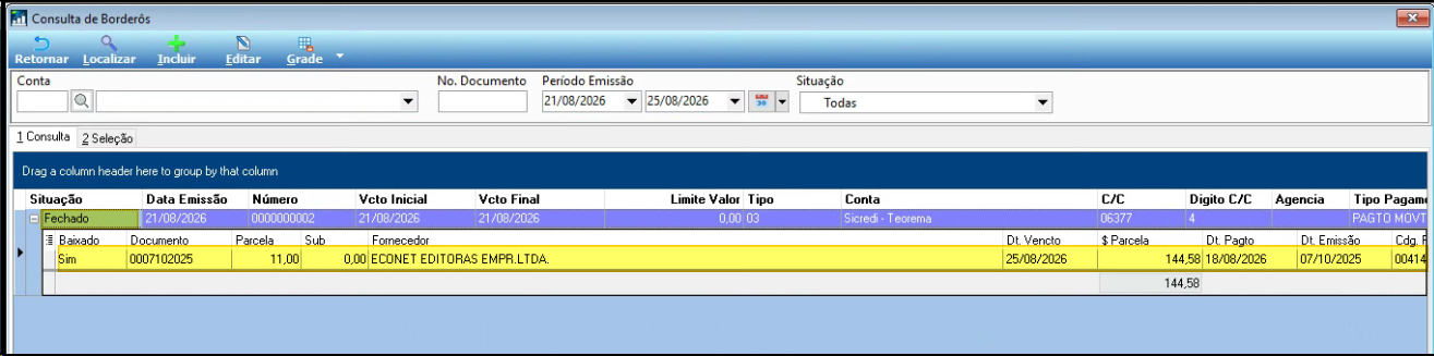 Tela Consulta de Borderôs mostrando borderô com status Fechado