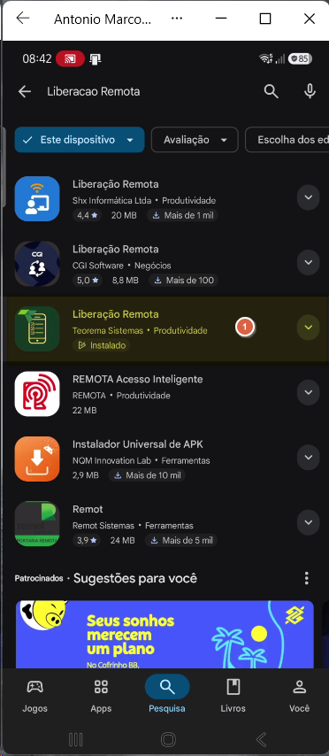 Google Play Store exibindo aplicativos Liberação Remota da Theorema Sistemas