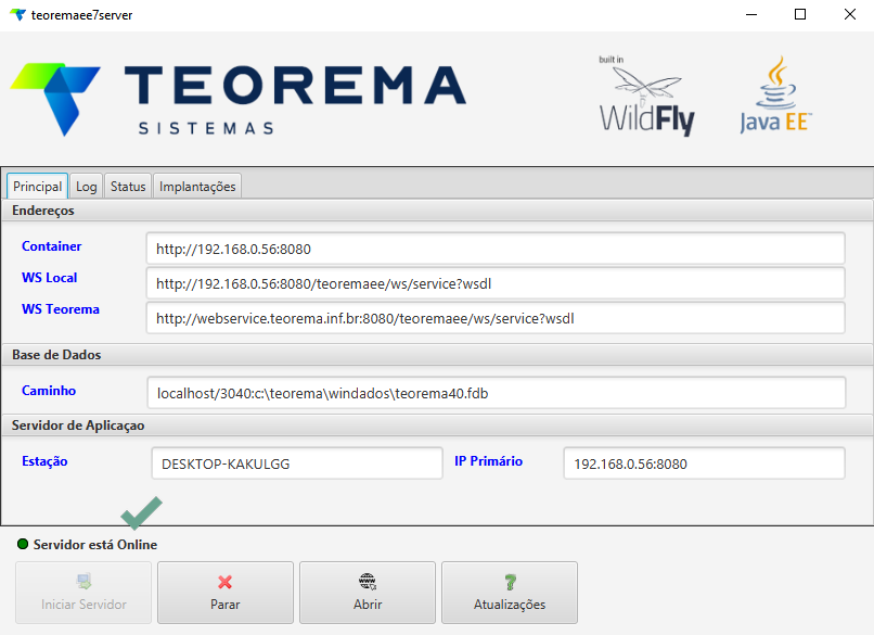 Tela do TeoremaEE Server mostrando status "Servidor está Online" e botões de controle (Iniciar Servidor, Parar, Abrir, Atualizações, etc.)