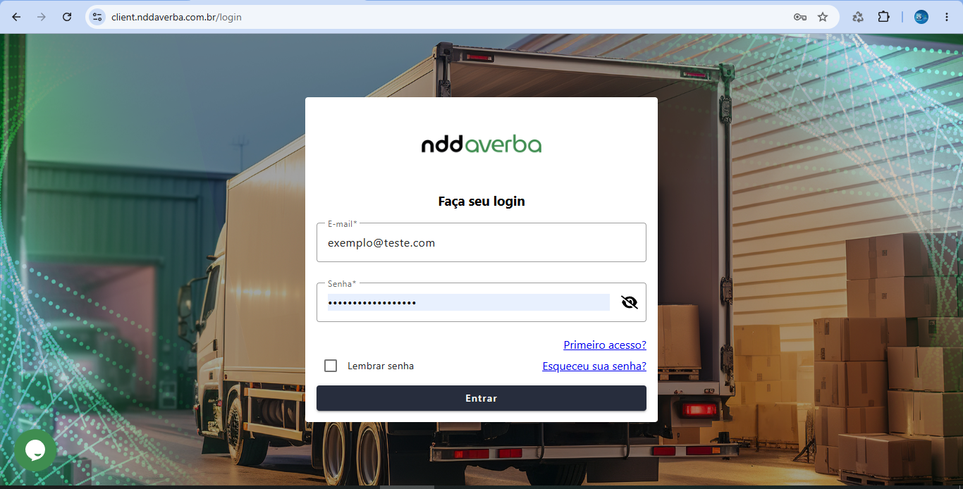 Tela de login do NDD Averba com campos para e-mail e senha