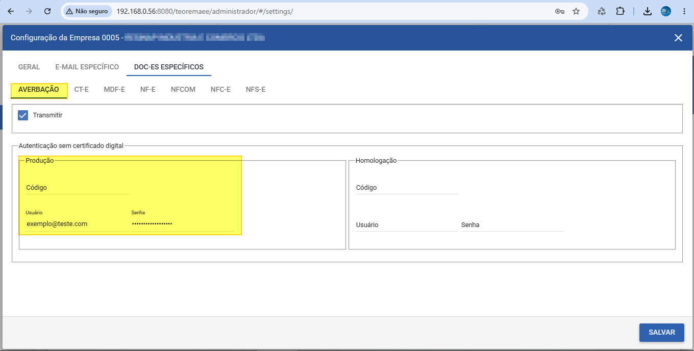 Aba Doc-es Específicos da Configuração da Empresa, destacando o campo de Averbação com login e senha de exemplo