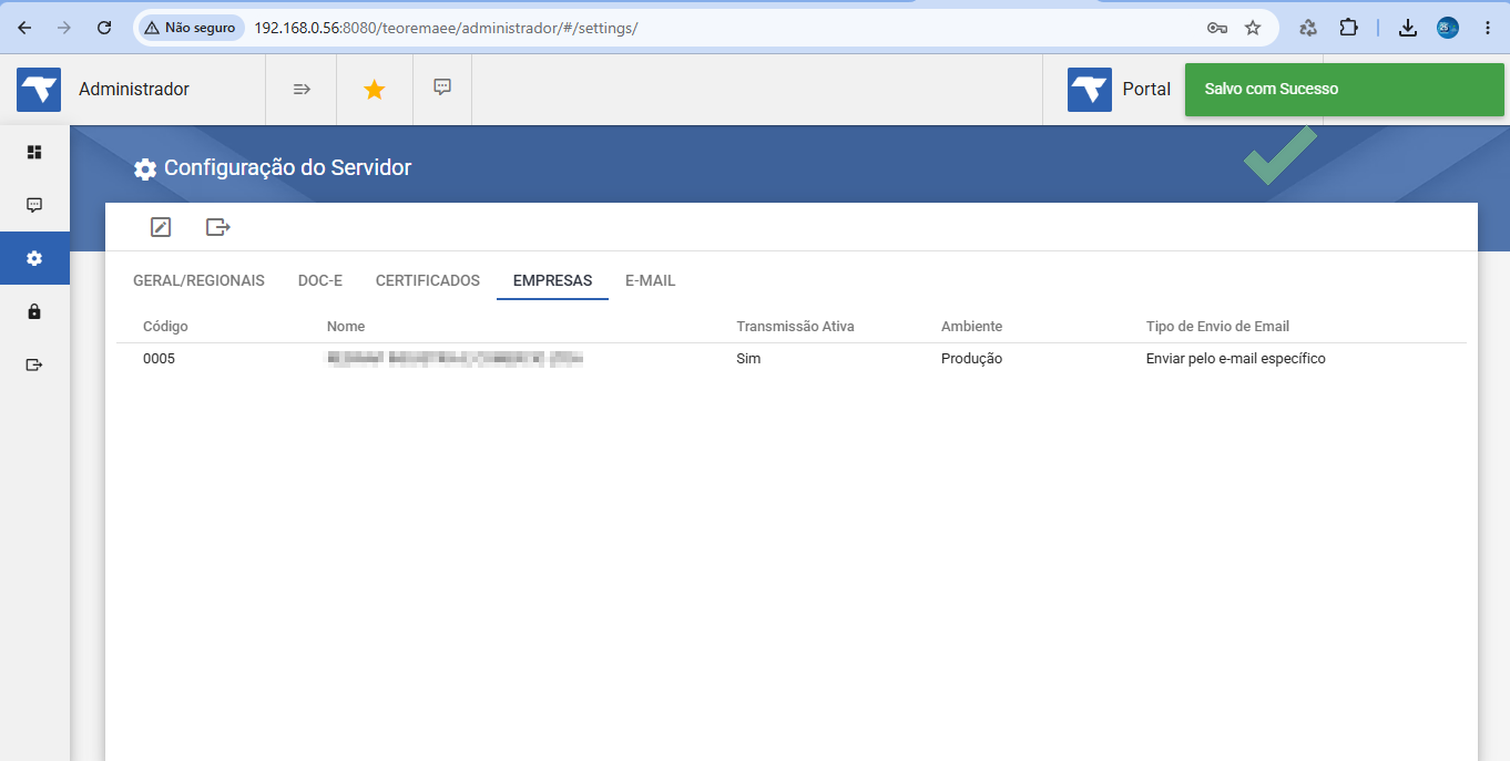 Tela de Configuração da Empresa mostrando a seção de Averbação com login de exemplo (exemplo@teste.com) e senha