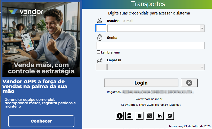 Tela de login do módulo Transportes do Teorema