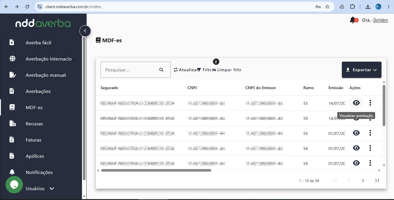 Tela de gestão de MDF-e com menu contextual mostrando opções de encerramen do documento