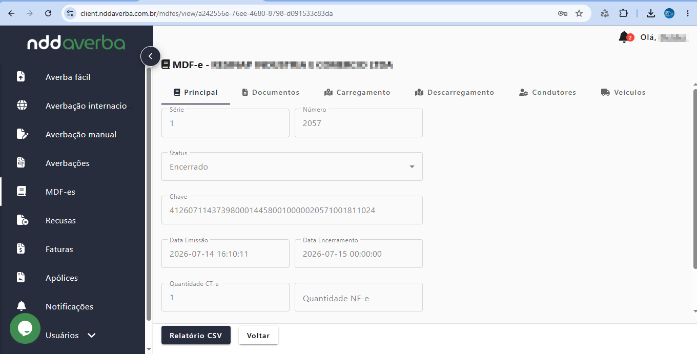 Lista de MDF-es na plataforma NDD Averba mostrando status de averbação