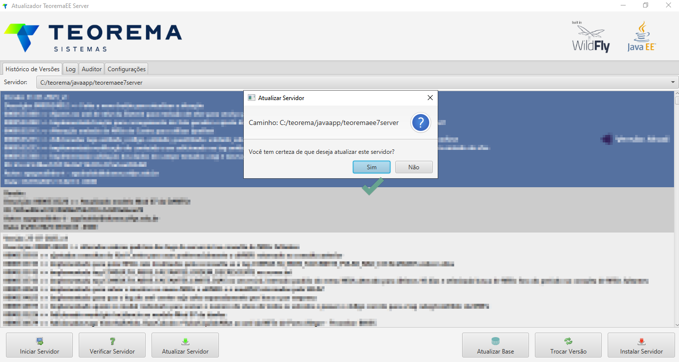 Janela do Atualizador TeoremaEE Server mostrando o caminho de instalação e o botão "Atualizar Servidor" destacado