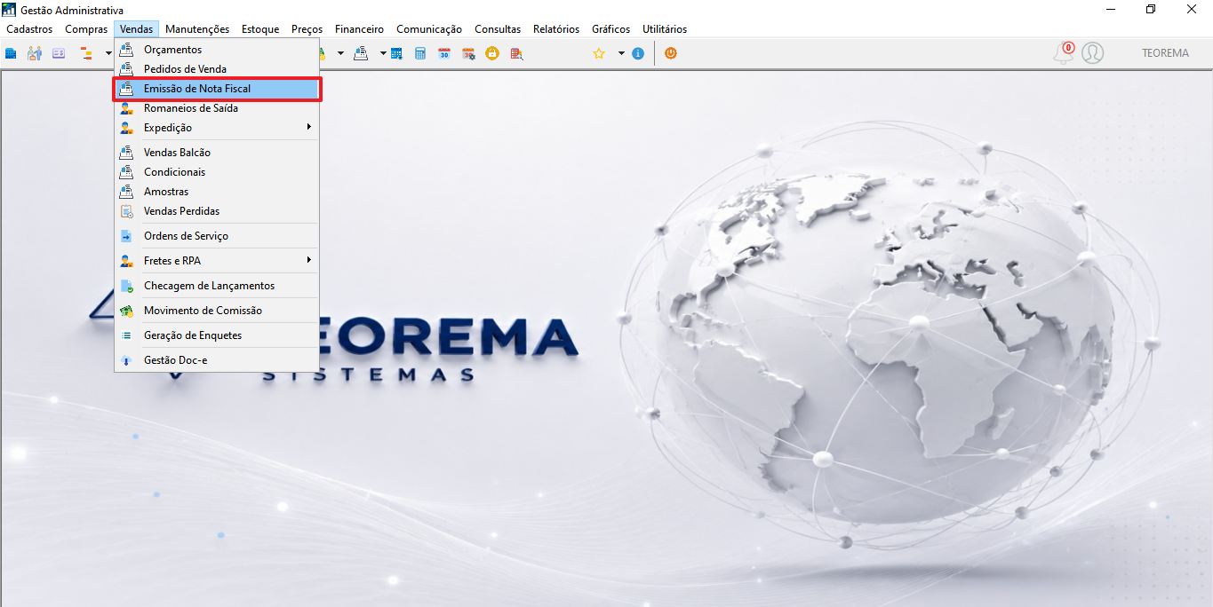 Menu Vendas aberto no Gestão Administrativa, com uma das opções destacada em vermelho.