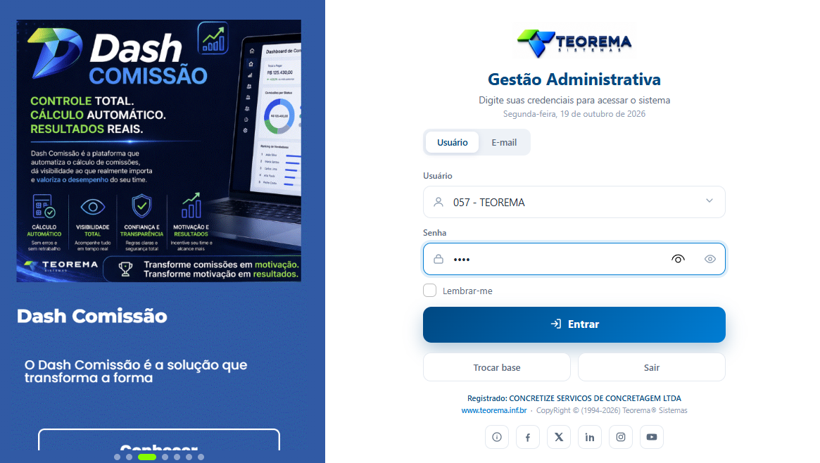 Tela de login do Gestão Administrativa (TEOREMA), com campos de acesso e botão Entrar.