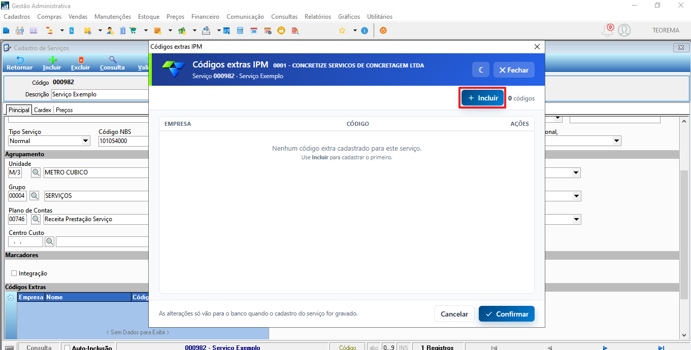 Janela Códigos extras IPM sem códigos cadastrados, com o botão Incluir destacado no canto superior direito.