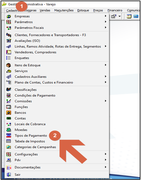 Menu de Cadastros da Gestão Administrativa com opção Tipos de Pagamento destacada