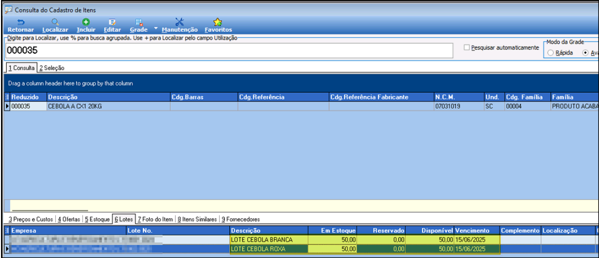 Consulta do Cadastro de Itens do item 000035 CEBOLA A CX1 20KG, na aba 6 Lotes, com LOTE CEBOLA BRANCA e LOTE CEBOLA ROXA, cada um com 50,00 em estoque, 0,00 reservado, 50,00 disponível e vencimento 15/06/2025