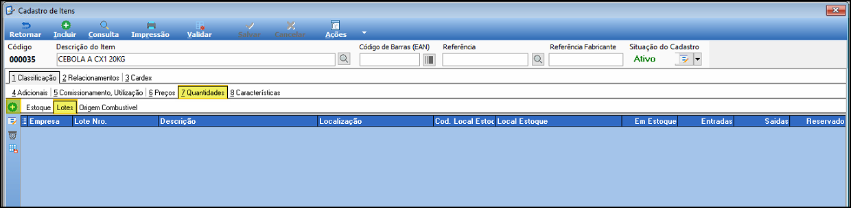 Cadastro de Itens do item 000035 CEBOLA A CX1 20KG, com a aba 7 Quantidades e a sub-aba Lotes em destaque, sem lotes listados