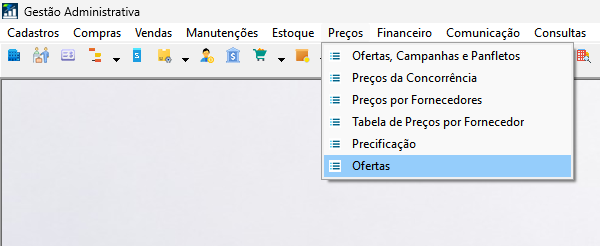 Menu de acesso ao cadastro de ofertas