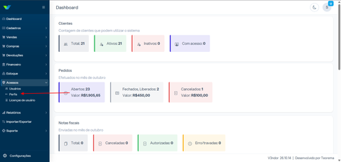 Menu lateral do Vendor Praxis com Acessos expandido e a opção Perfis destacada