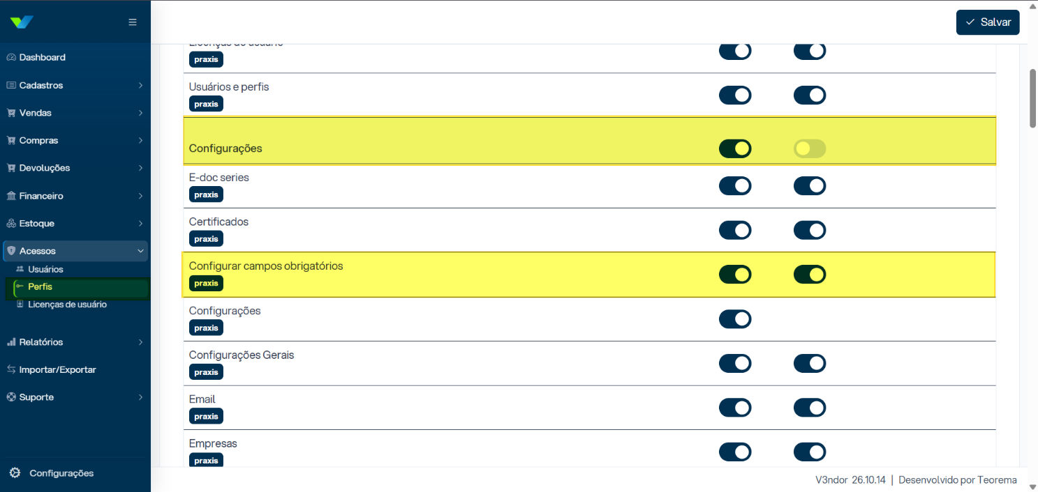 Lista de permissões do perfil com a permissão “Configurar campos obrigatórios” destacada e habilitada