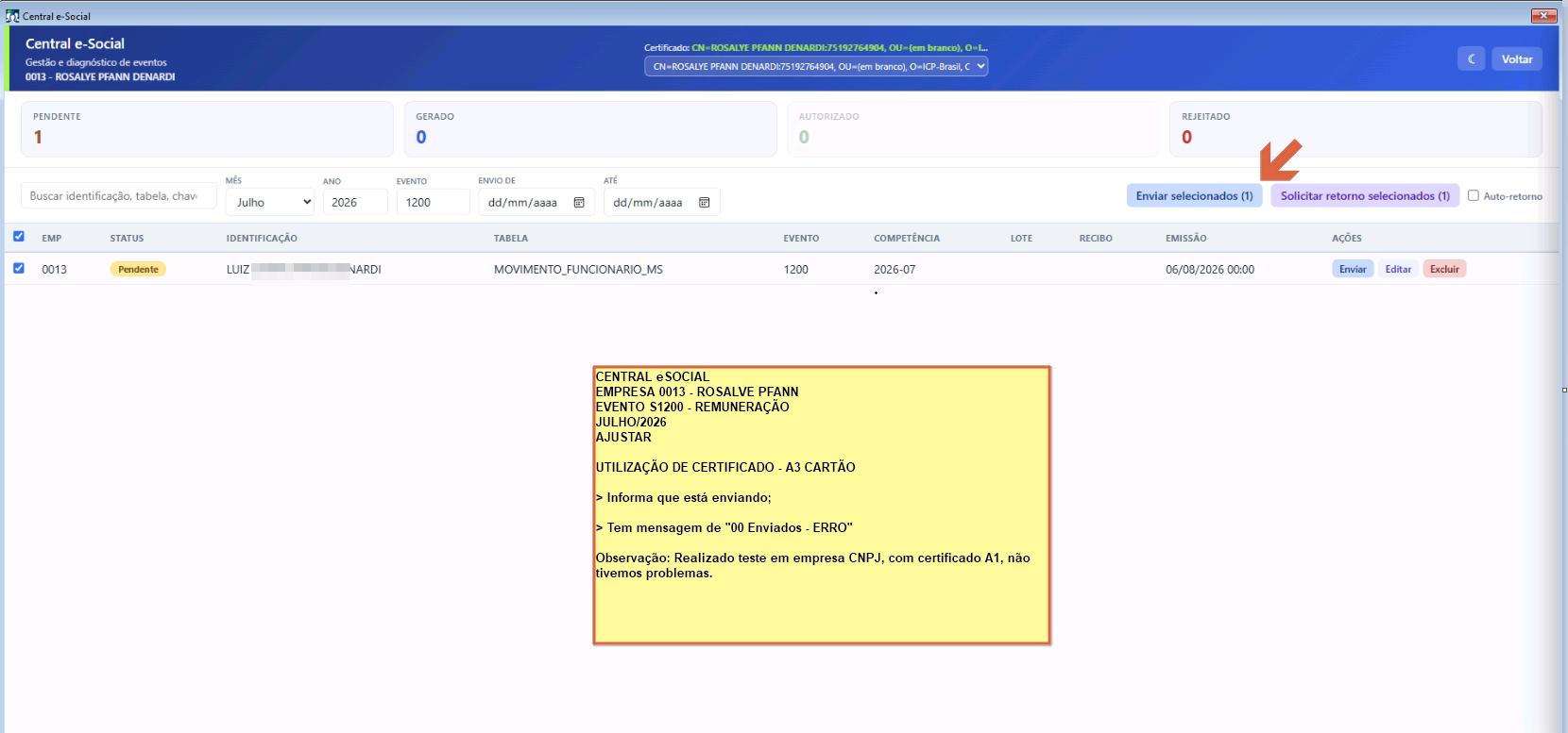 Interface da Central e-Social com botão Solicitar retorno selecionados destacado