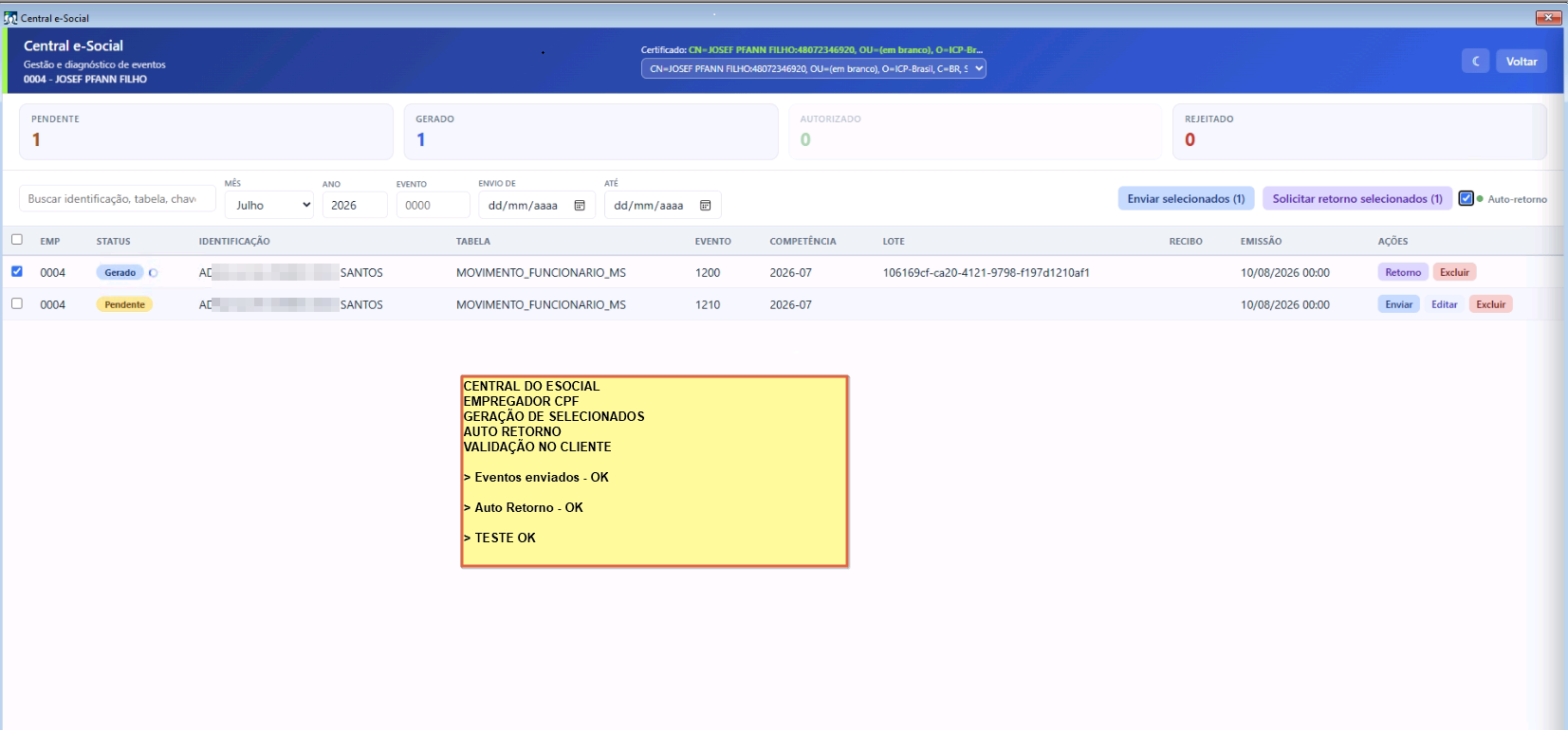 Interface da Central e-Social com Auto-retorno marcado e lista de eventos processados