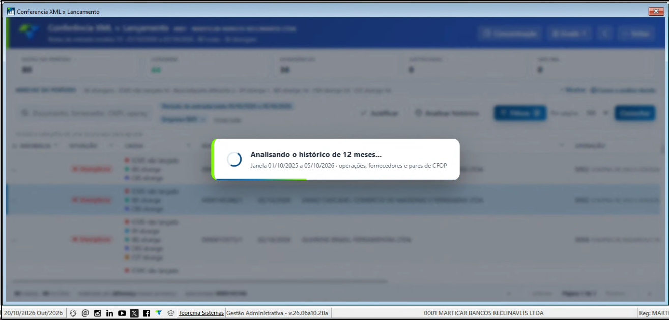 Indicador de progresso “Analisando o histórico de 12 meses” sobre a grade de notas