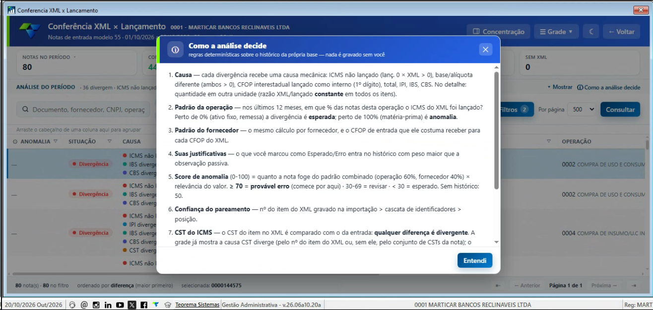 Painel Como a análise decide com a explicação das causas, dos padrões da operação e do fornecedor, das justificativas, do score e da confiança do pareamento