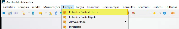 Menu Estoque da Gestão Administrativa com a opção Entrada e Saída de Itens destacada
