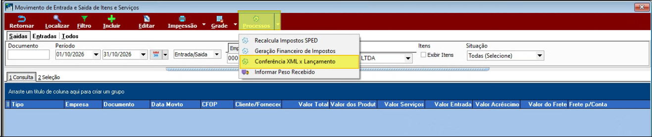 Processos do Movimento de Entrada e Saída de Itens e Serviços aberto, com a opção Conferência XML x Lançamento destacada