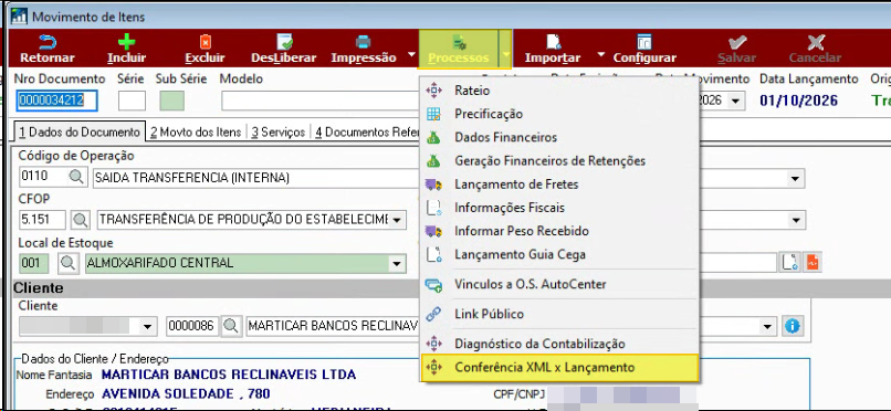 Processos do Movimento de Itens, dentro de um documento, com a opção Conferência XML x Lançamento destacada no fim da lista