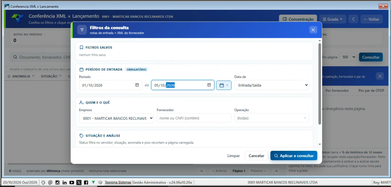 Painel Filtros da consulta aberto, com Filtros salvos, Período de entrada (obrigatório), Empresa, Fornecedor, Operação e Situação e análise