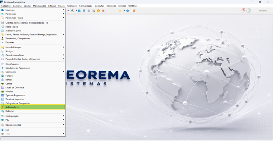Tela de Parametrizações da Empresa — navegação do Teorema Sistemas com menu de Qualidade expandido, mostrando opções de configuração destacadas em amarelo