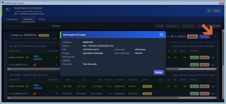 Tela de Movimentação de Cotações de Compras — painel lateral de informações com detalhes da cotação selecionada