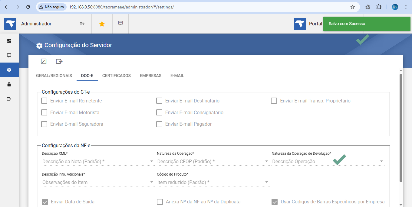 Tela de configuração do servidor com confirmação 