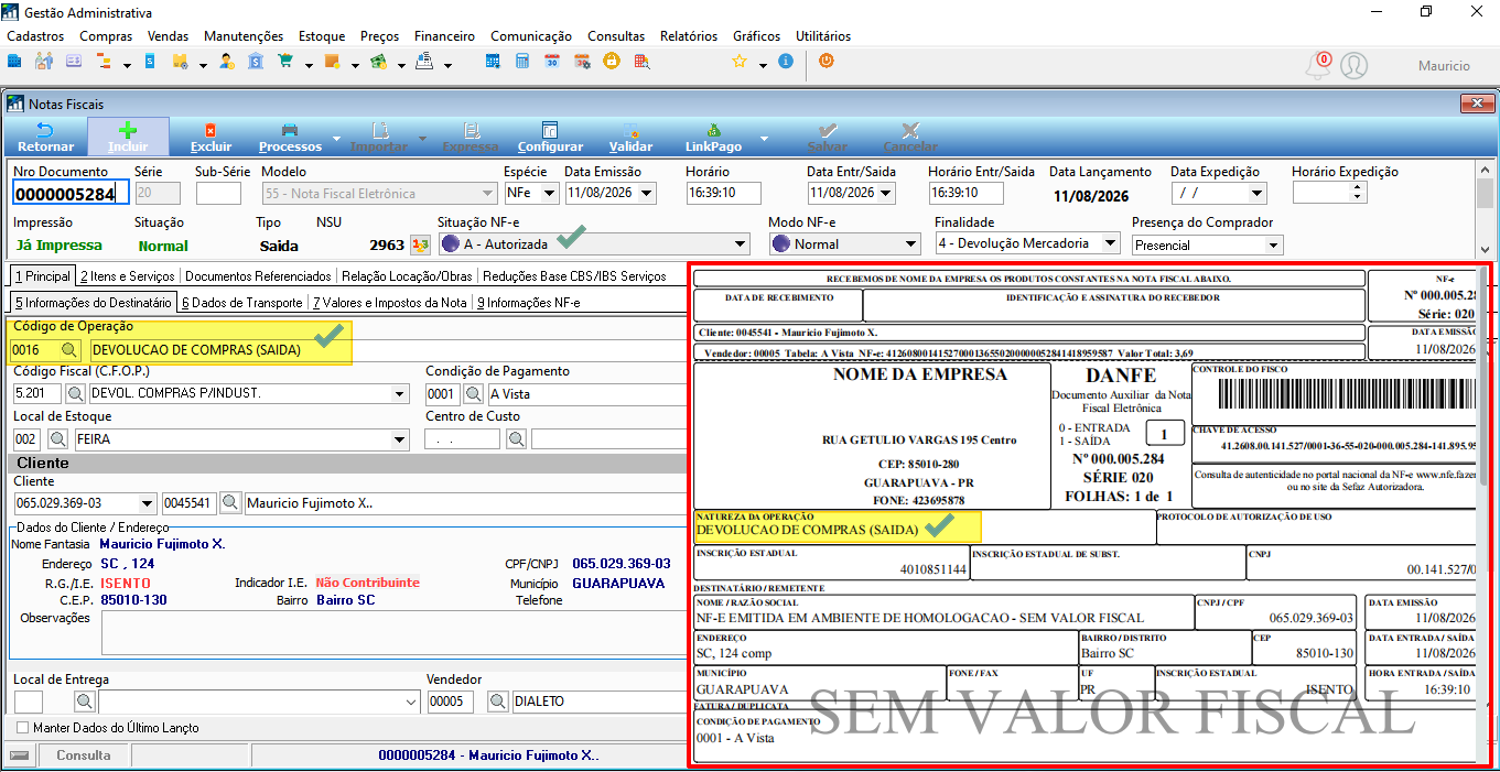 DANFE com a descrição da operação aplicada conforme configurado