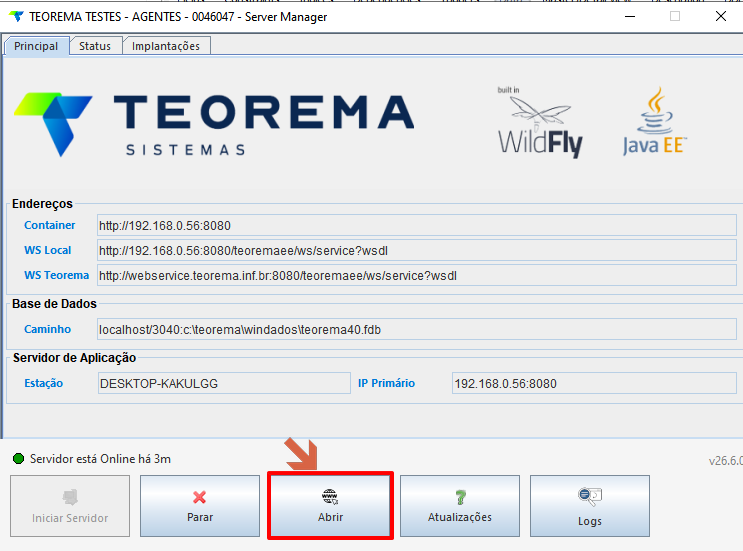 Tela do Server Manager com botão Abrir destacado