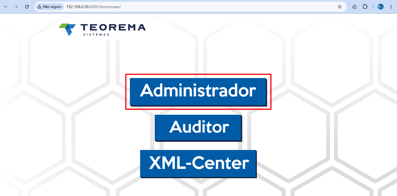 Tela de seleção de módulos (Administrador, Auditor, XML-Center)