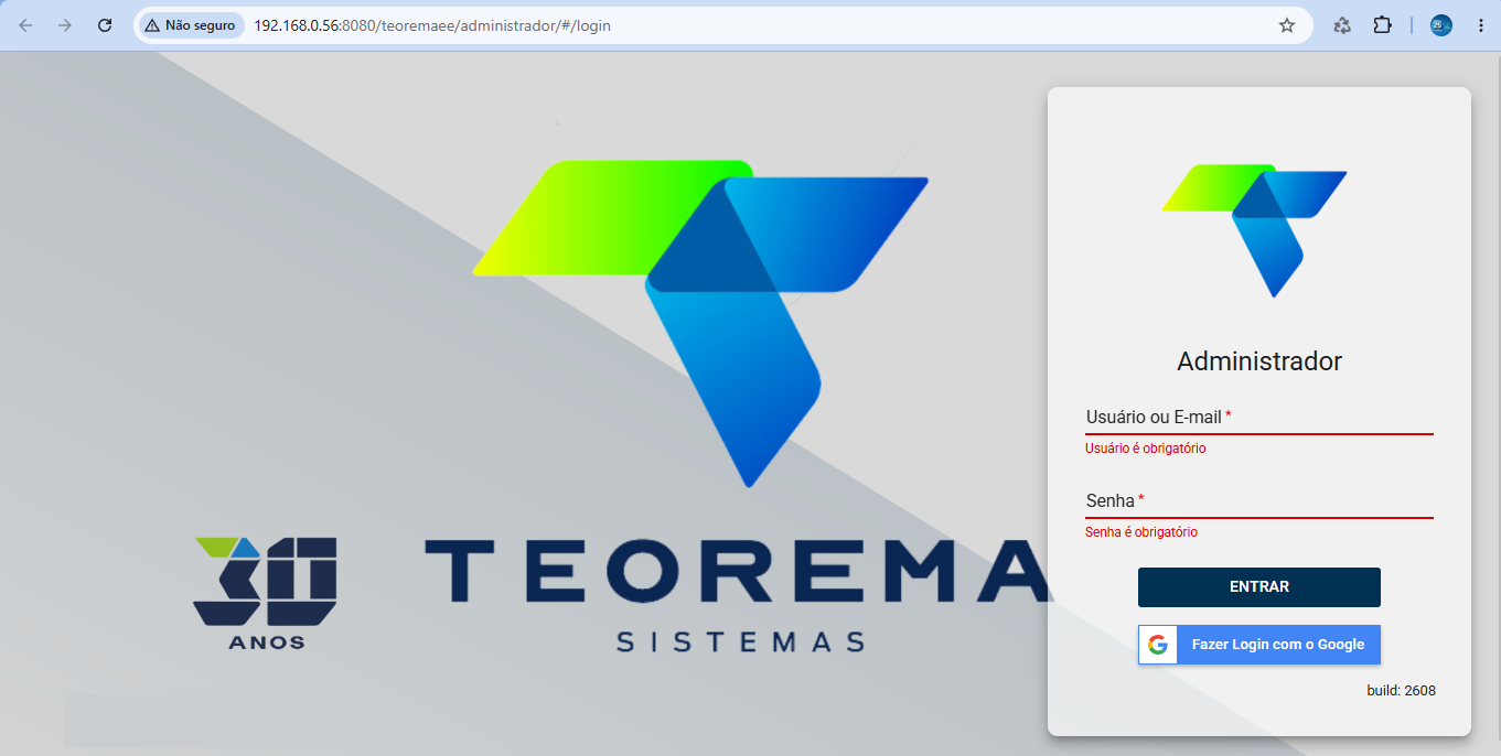 Formulário de login do Administrador