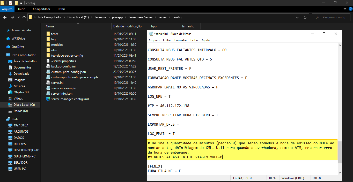 Bloco de notas com o arquivo server.ini aberto na pasta config do servidor, mostrando o comentário explicativo do parâmetro e a linha #MINUTOS_ATRASO_INICIO_VIAGEM_MDFE=0 destacada em amarelo