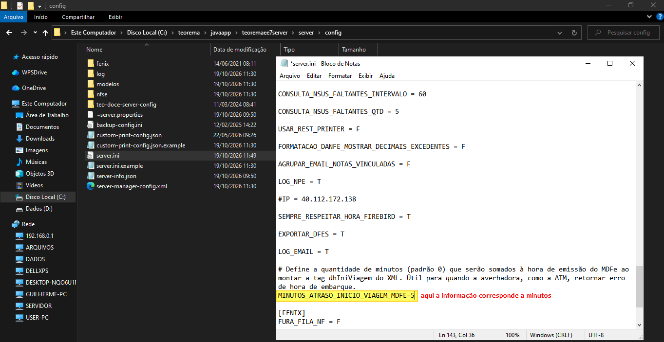 Bloco de notas com o arquivo server.ini mostrando a linha MINUTOS_ATRASO_INICIO_VIAGEM_MDFE=5 sem o caractere #, com anotação em vermelho indicando que o valor corresponde a minutos