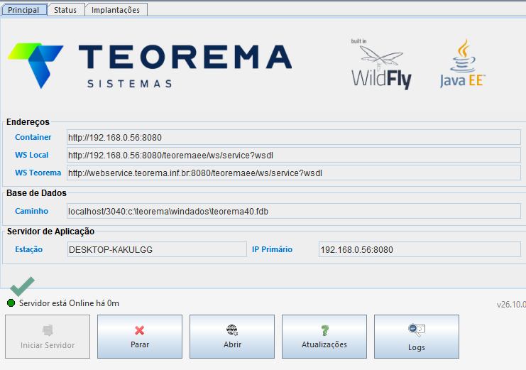 Tela do gerenciador do servidor Teorema na aba Principal, com os endereços do container e do WS, o caminho da base de dados e a mensagem "Servidor está Online há 0m", com os botões Iniciar Servidor (desabilitado), Parar, Abrir, Atualizações e Logs