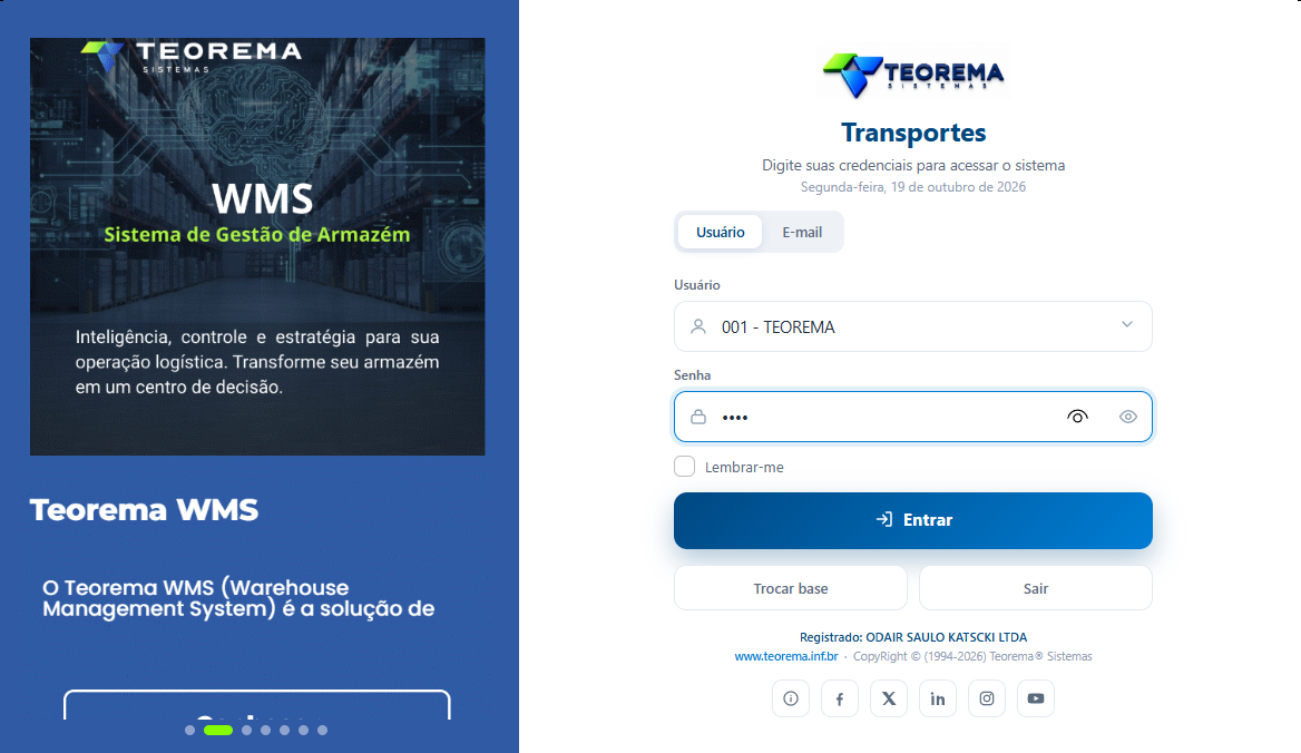 Tela de login do módulo Transportes do sistema Teorema, com o painel do Teorema WMS à esquerda e, à direita, os campos de acesso (empresa, usuário e senha) e o botão Entrar