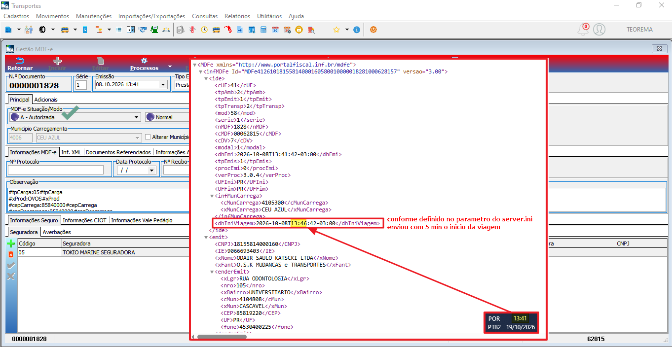 XML do MDF-e exibido na tela Gestão MDF-e, com a tag dhIniViagem destacada (2026-10-08T13:46:42-03:00), 5 minutos após a dhEmi (2026-10-08T13:41:42-03:00)