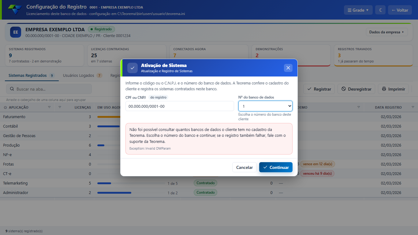 Janela Ativação de Sistema com o aviso de falha na consulta de bancos do cliente, o campo Nº do banco de dados habilitado e os botões Cancelar e Continuar