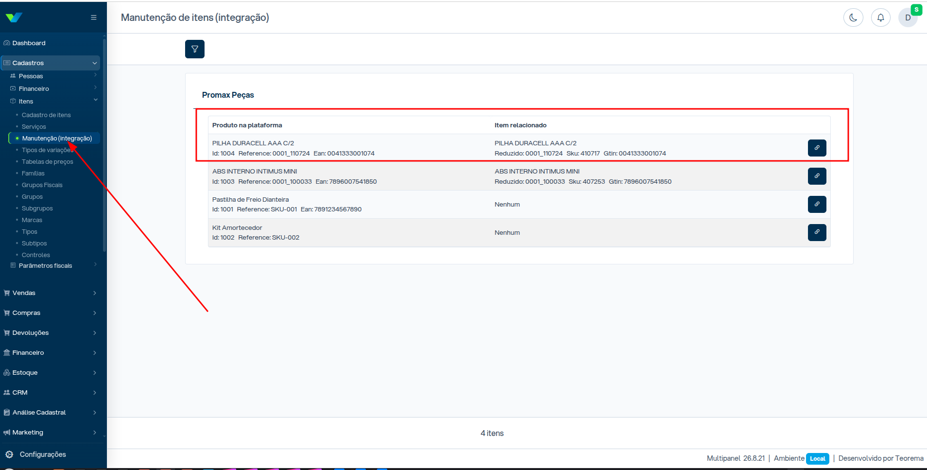 Lista de produtos na plataforma com coluna Item relacionado e botão de link para associar manualmente