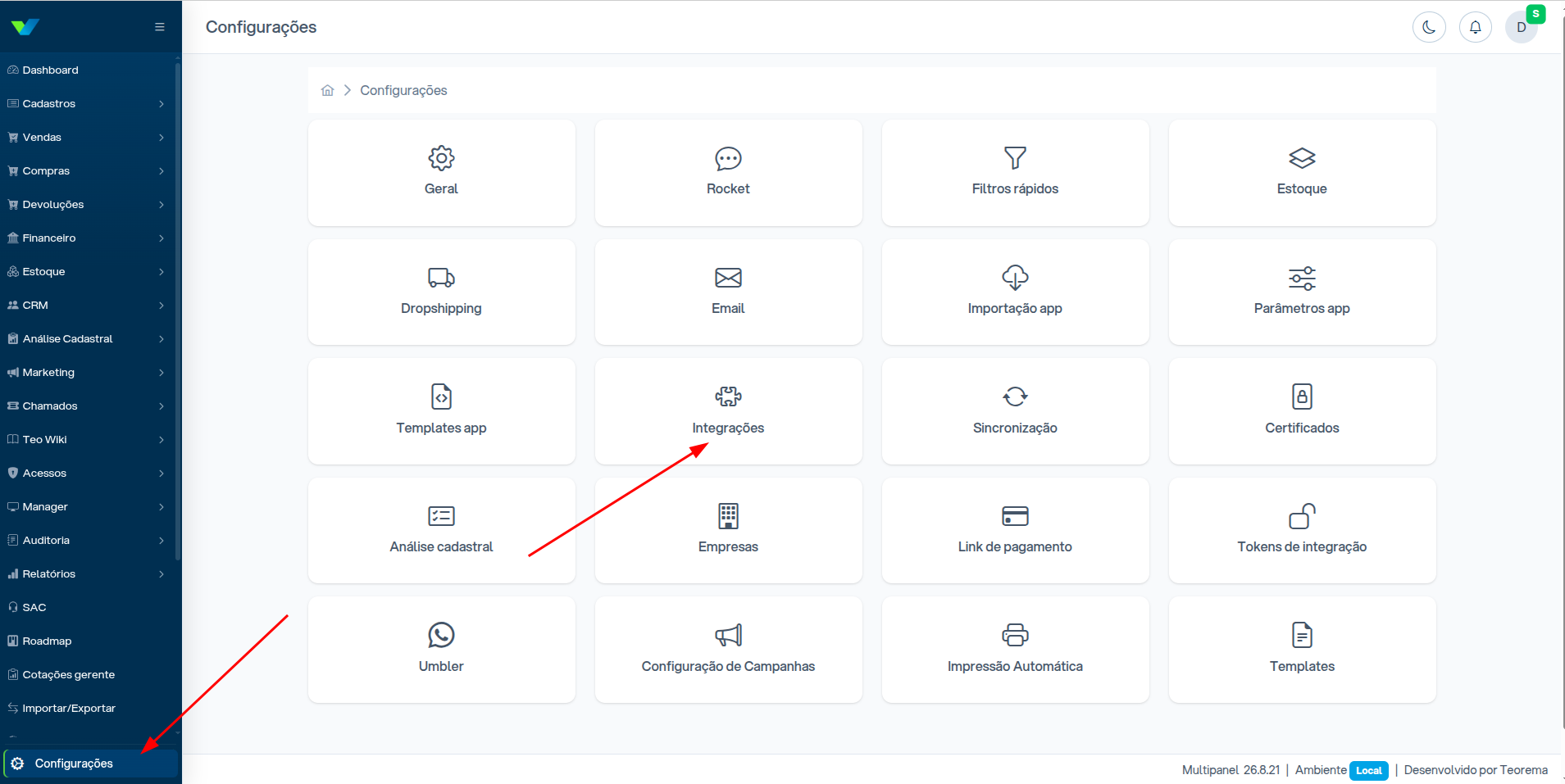 Menu Configurações com botão Integrações destacado